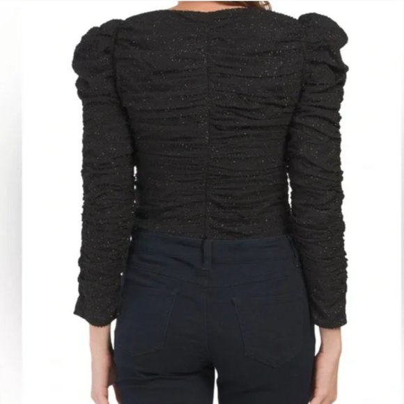 NWOT Caldwell Puff Shoulder Black Glittery Sweetheart Top. - Picture 5 of 11